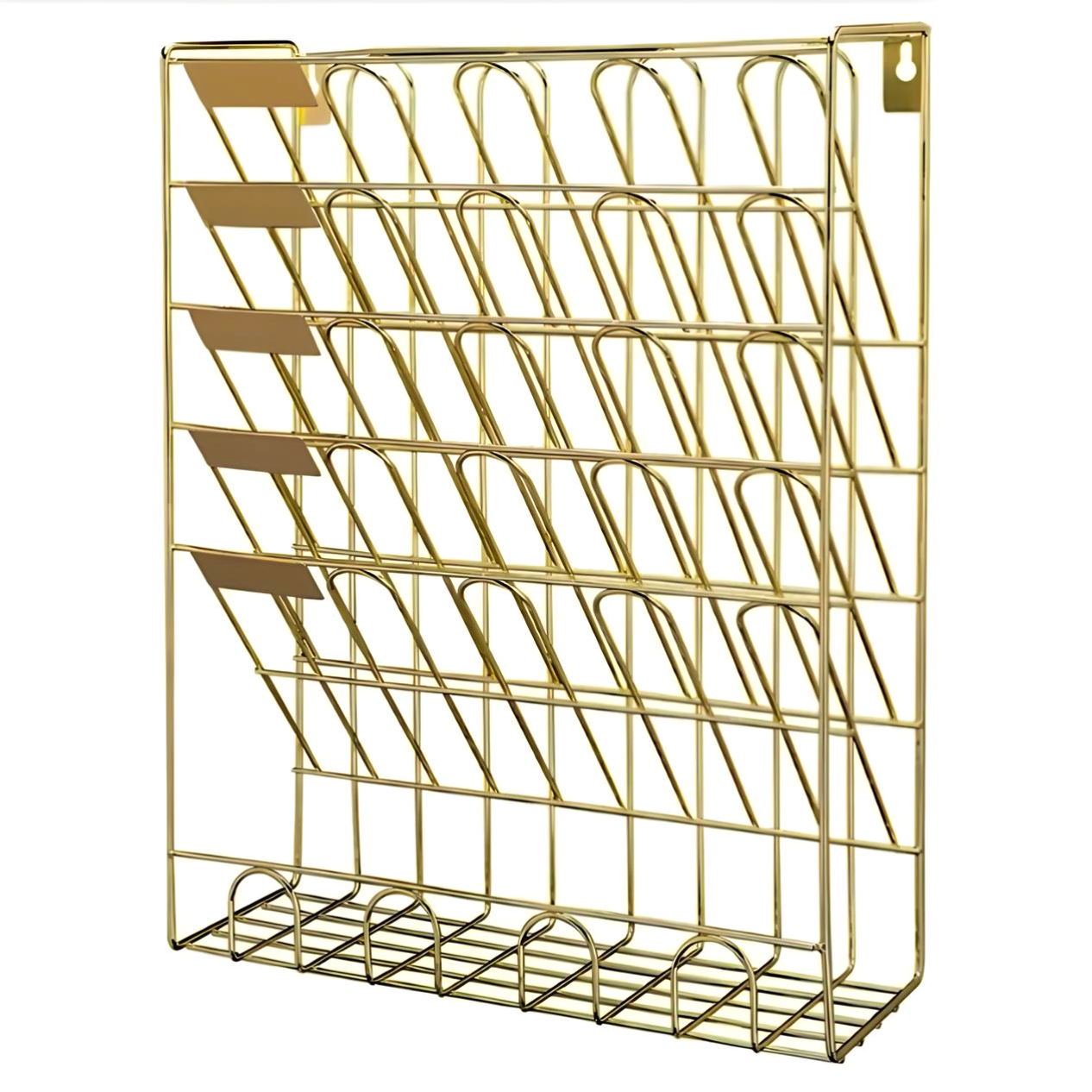 A gold wall file organizer on a white background.