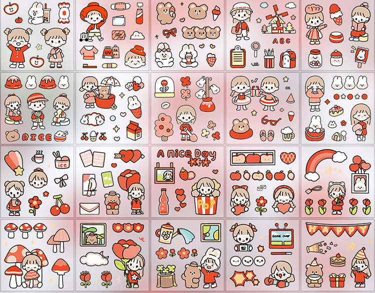 Stationery Sets - Cute Character Sticker Gift Box - Red