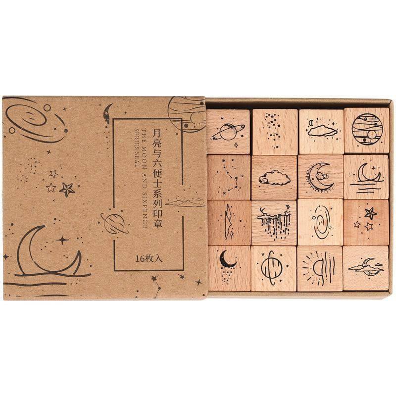 Decorative Stamps - Solar System Wooden and Rubber Stamp Set - Khaki