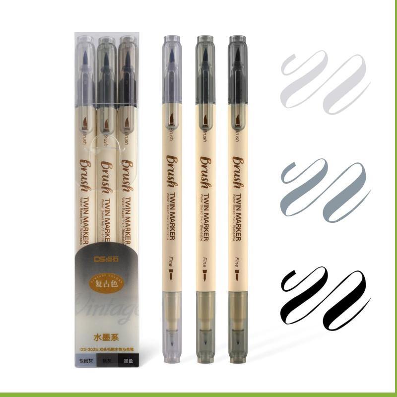 Brush Pens - Dual-Tip Brush Pen Set - Vintage Twin Marker - Grey