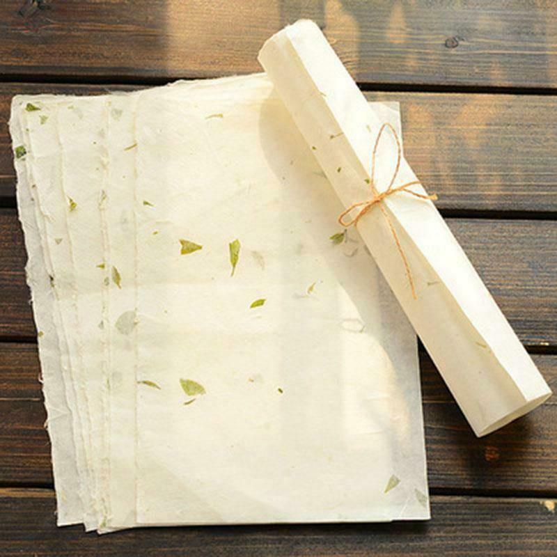 Art & Craft Paper - Decorative Paper - White Handmade-Style Paper with Dried Flowers - Green Leaf