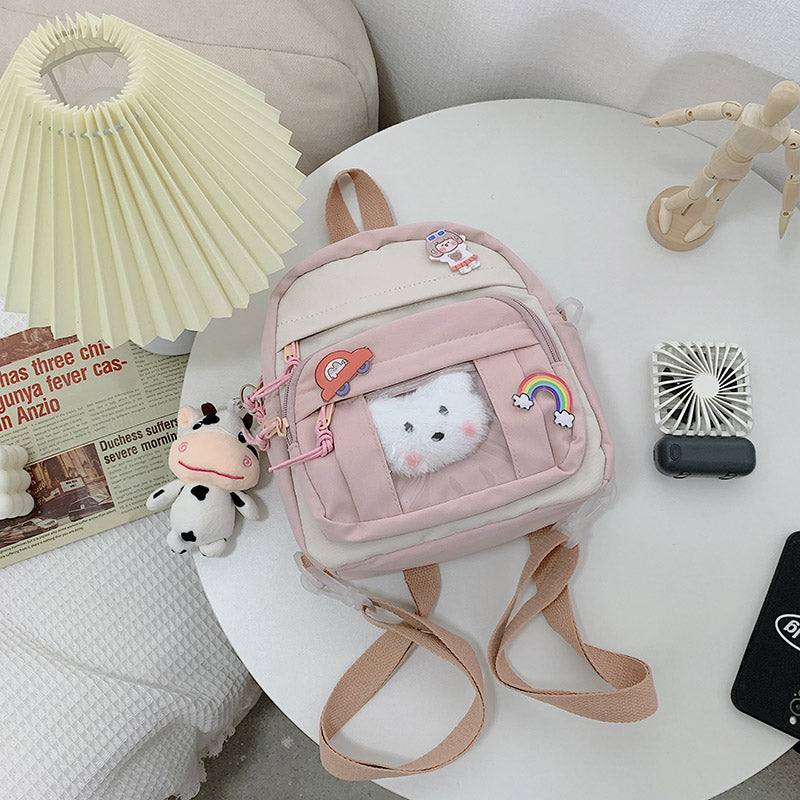 Backpacks - Small Kawaii Backpack - Cat Plush - Pink / Pendant