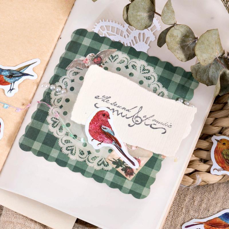a spread sheet with bird stickers on it and other decorative paper