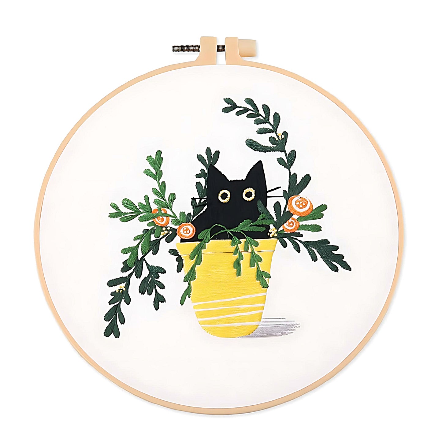 an embroidery of a black cat in a yellow plant pot