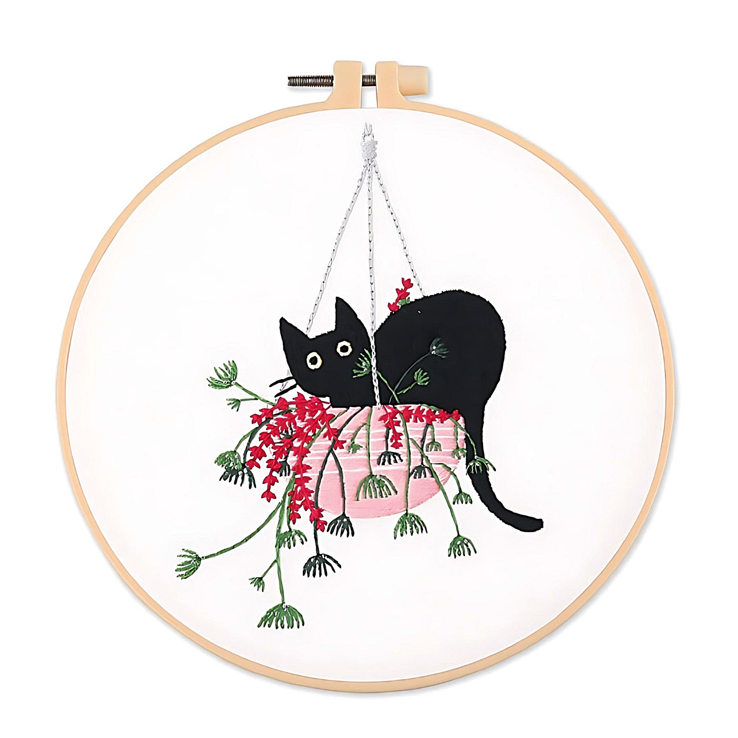 an embroidery of a black cat in a pink plant pot
