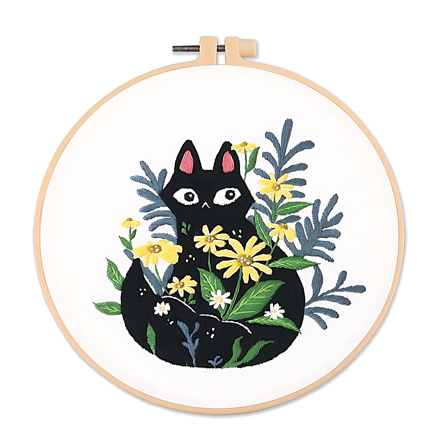 an embroidery of a black cat and some yellow flowers