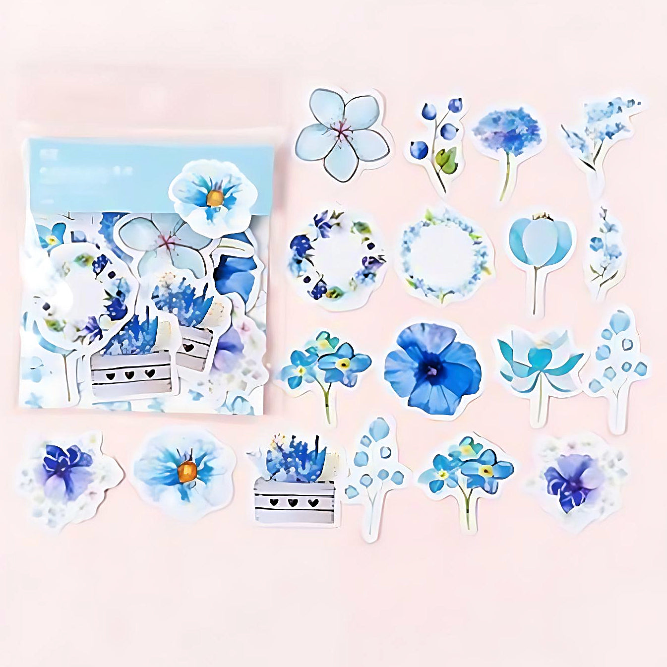 a set of bright flower stickers in blue color