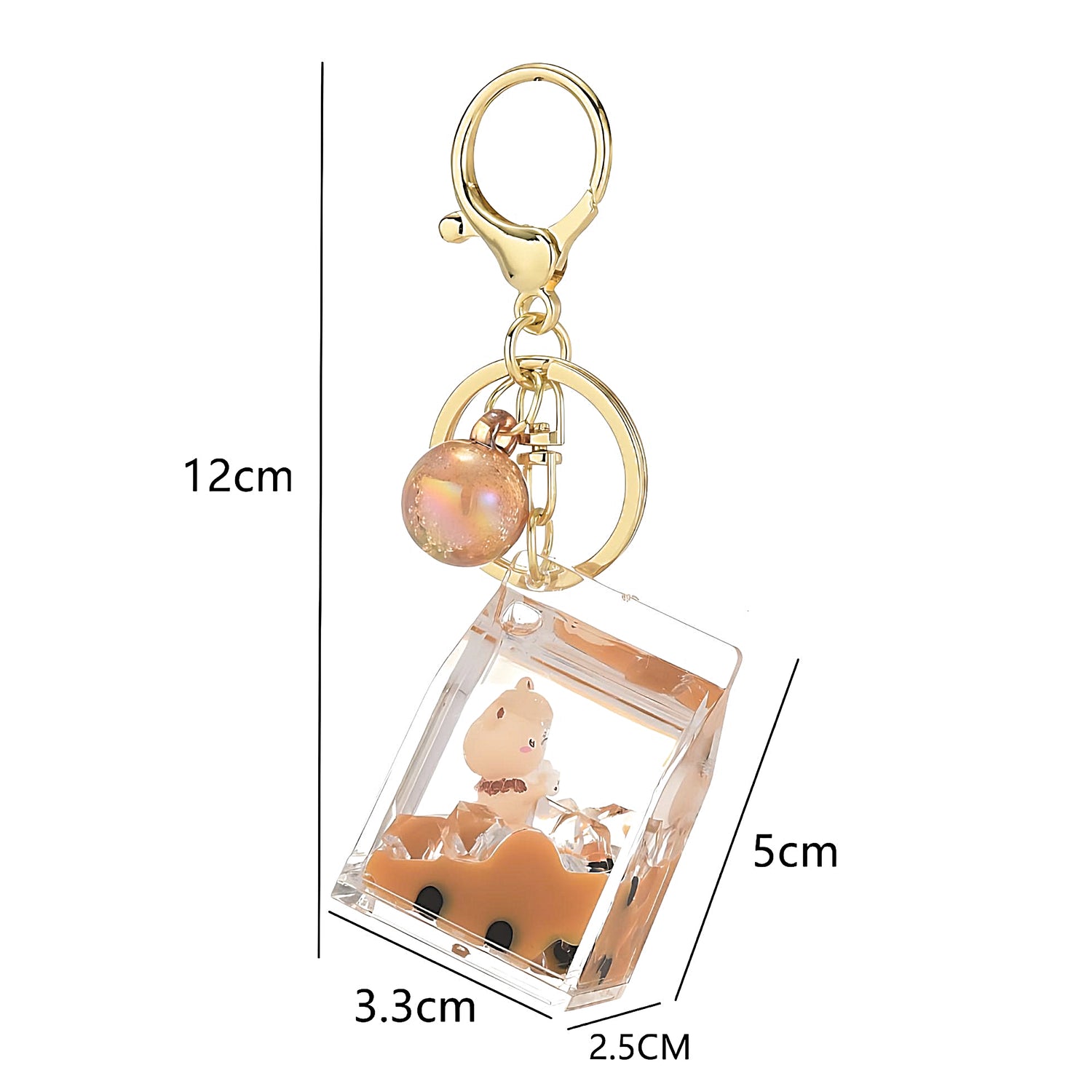 the dimensions of a Bubble Tea keychain, white background