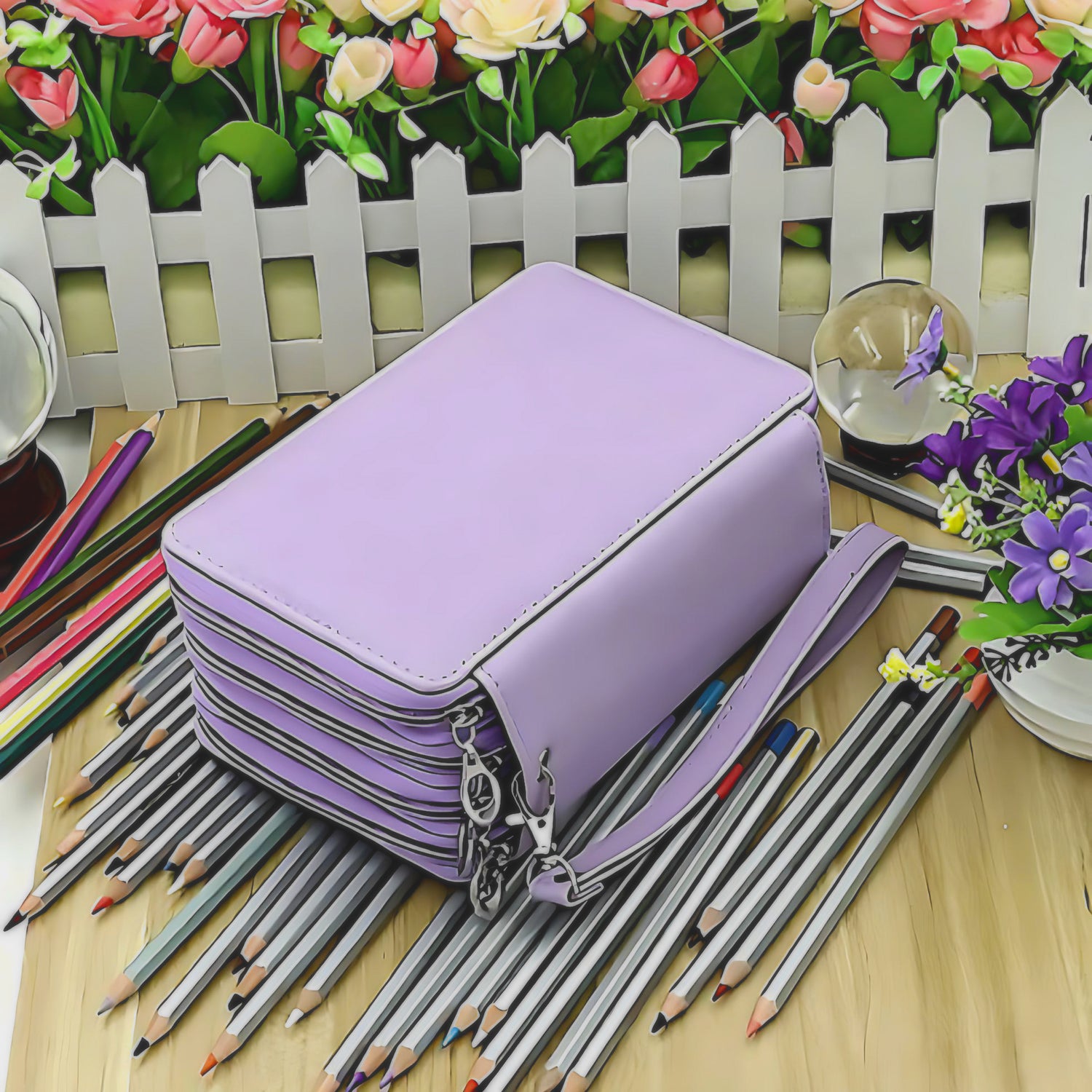 a purple colored pencil organizer with a bunch of colored pencils under it