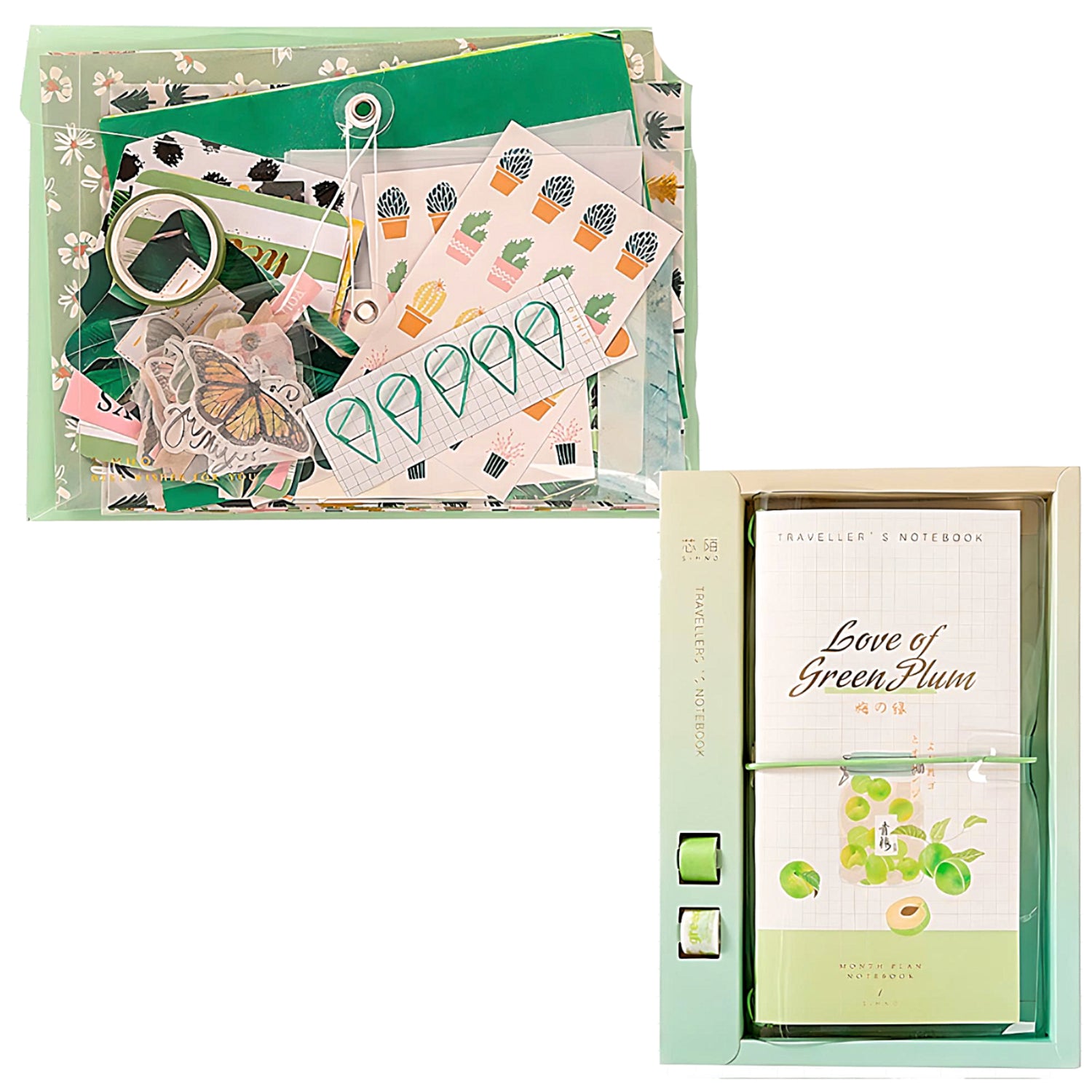 a green decorative paper set with a notebook