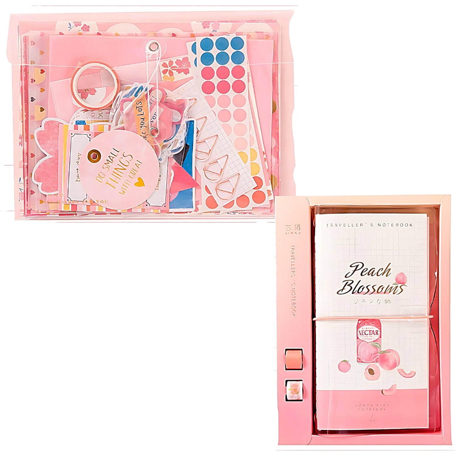 a pink decorative paper set with a notebook