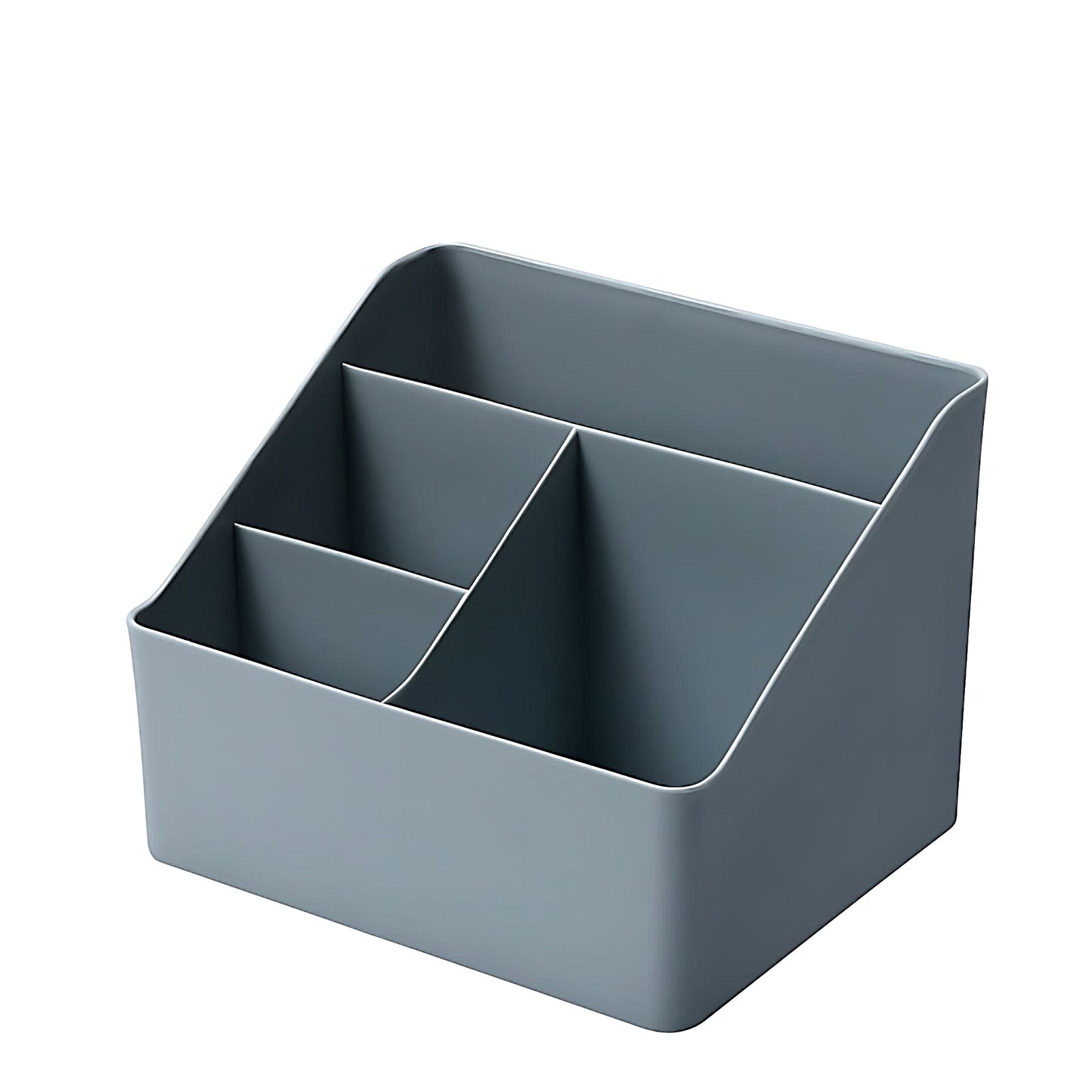 a grey desktop organizer with four compartments on a white background