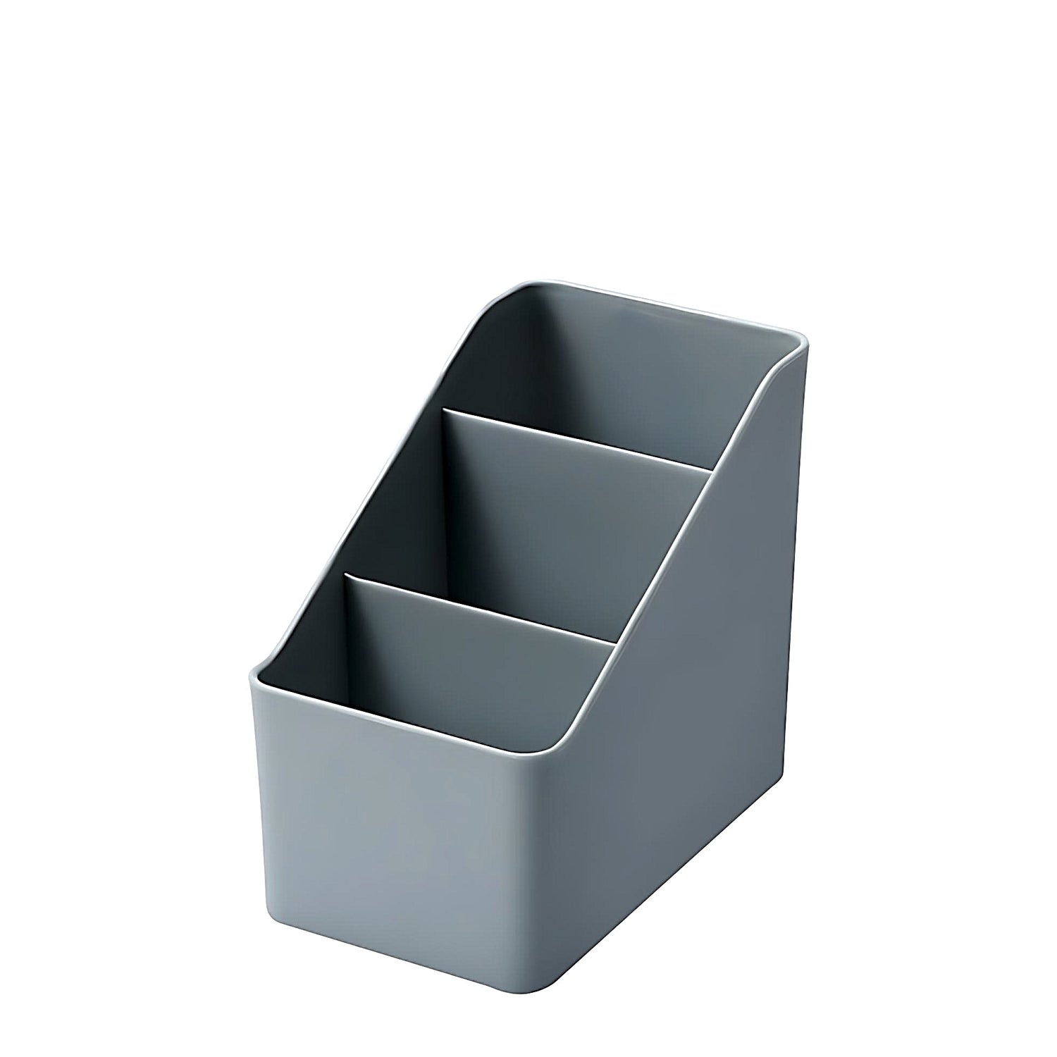 a grey desktop organizer with three compartments on a white background