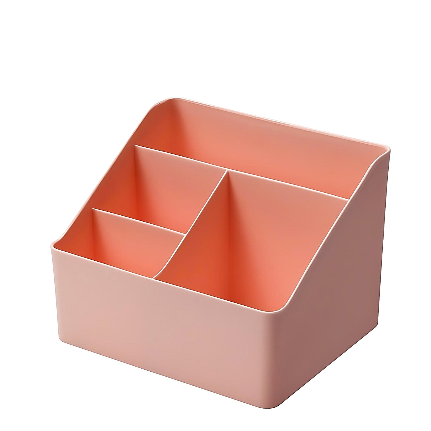 a pink desktop organizer with four compartments on a white background