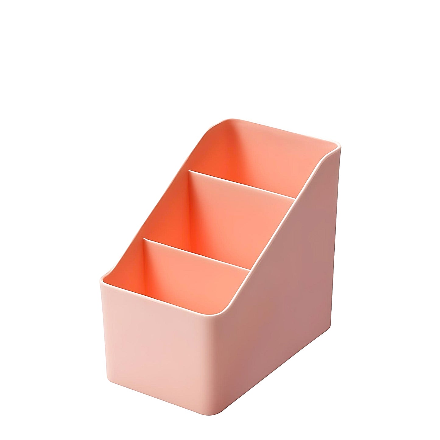 a pink desktop organizer with three compartments on a white background