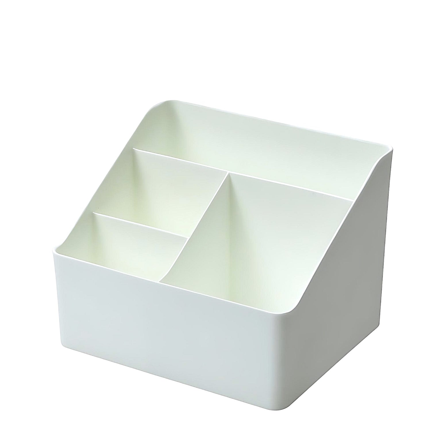 a white desktop organizer with four compartments on a white background