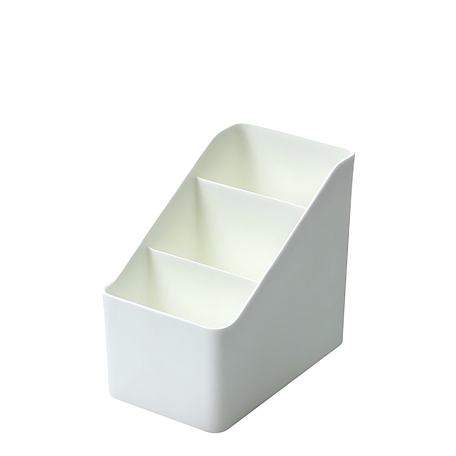 a white desktop organizer with three compartments on a white background