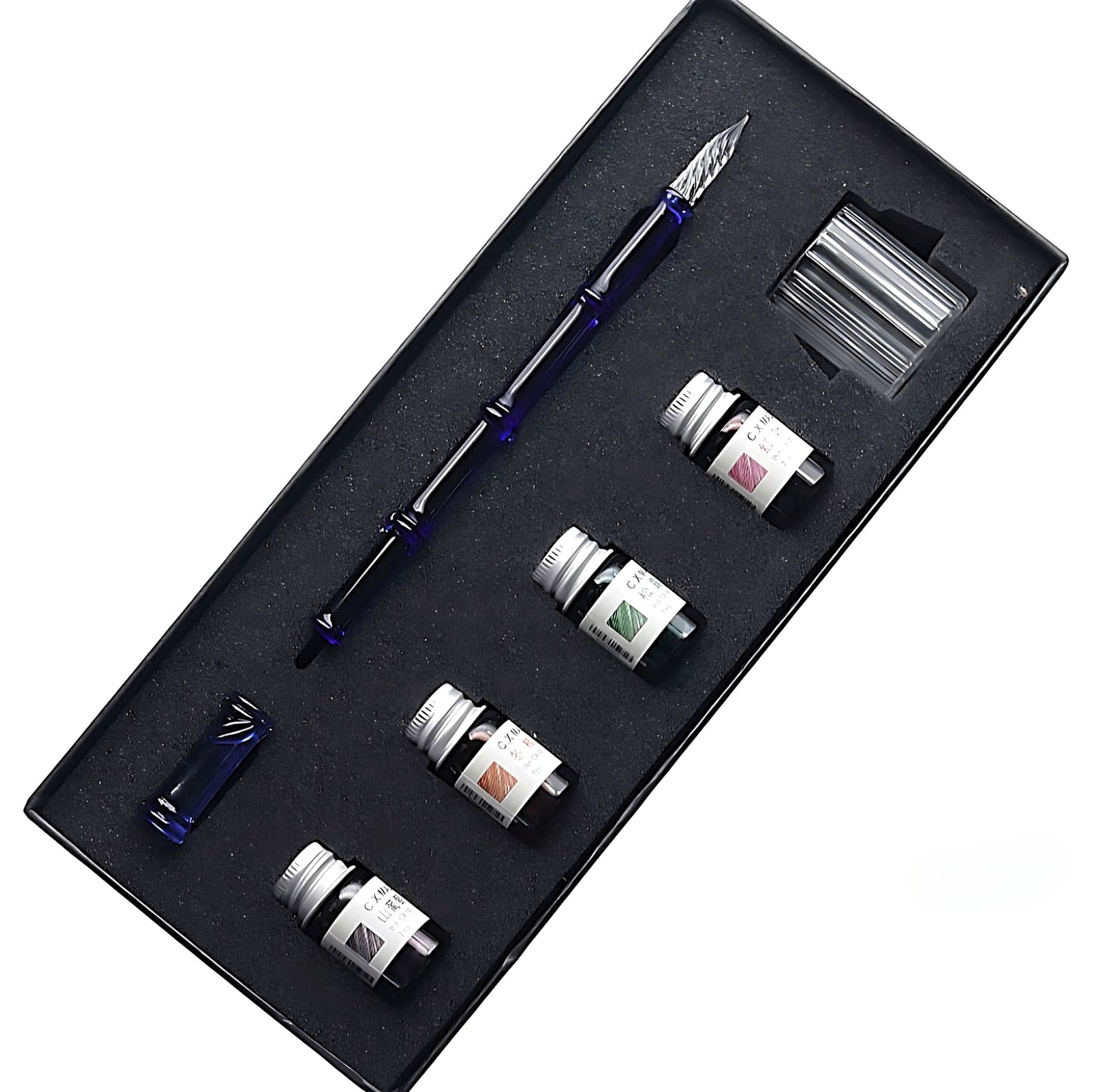 a glass dip pen blue set with four bottles of ink in a box
