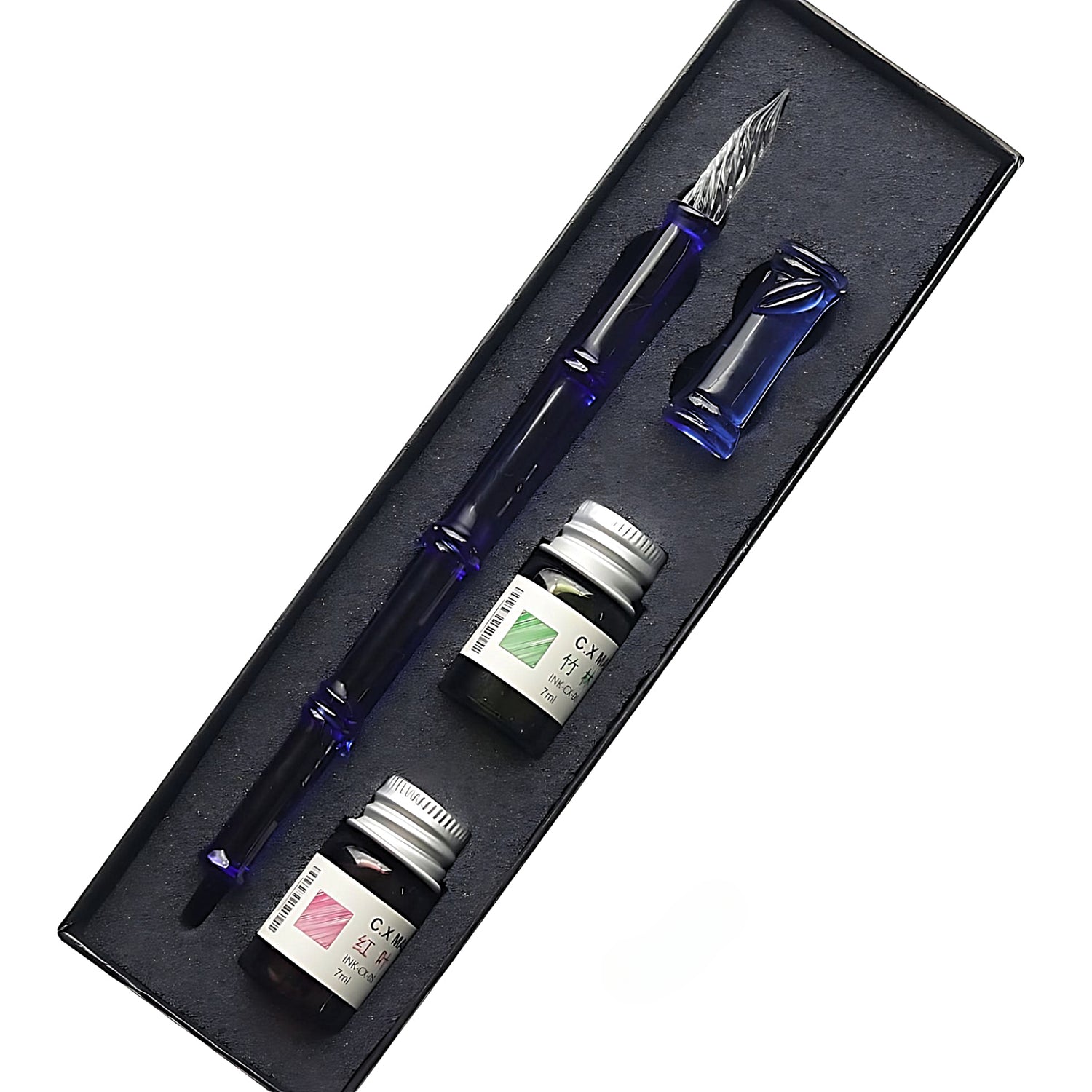 a glass dip pen blue set with two bottles of ink in a box