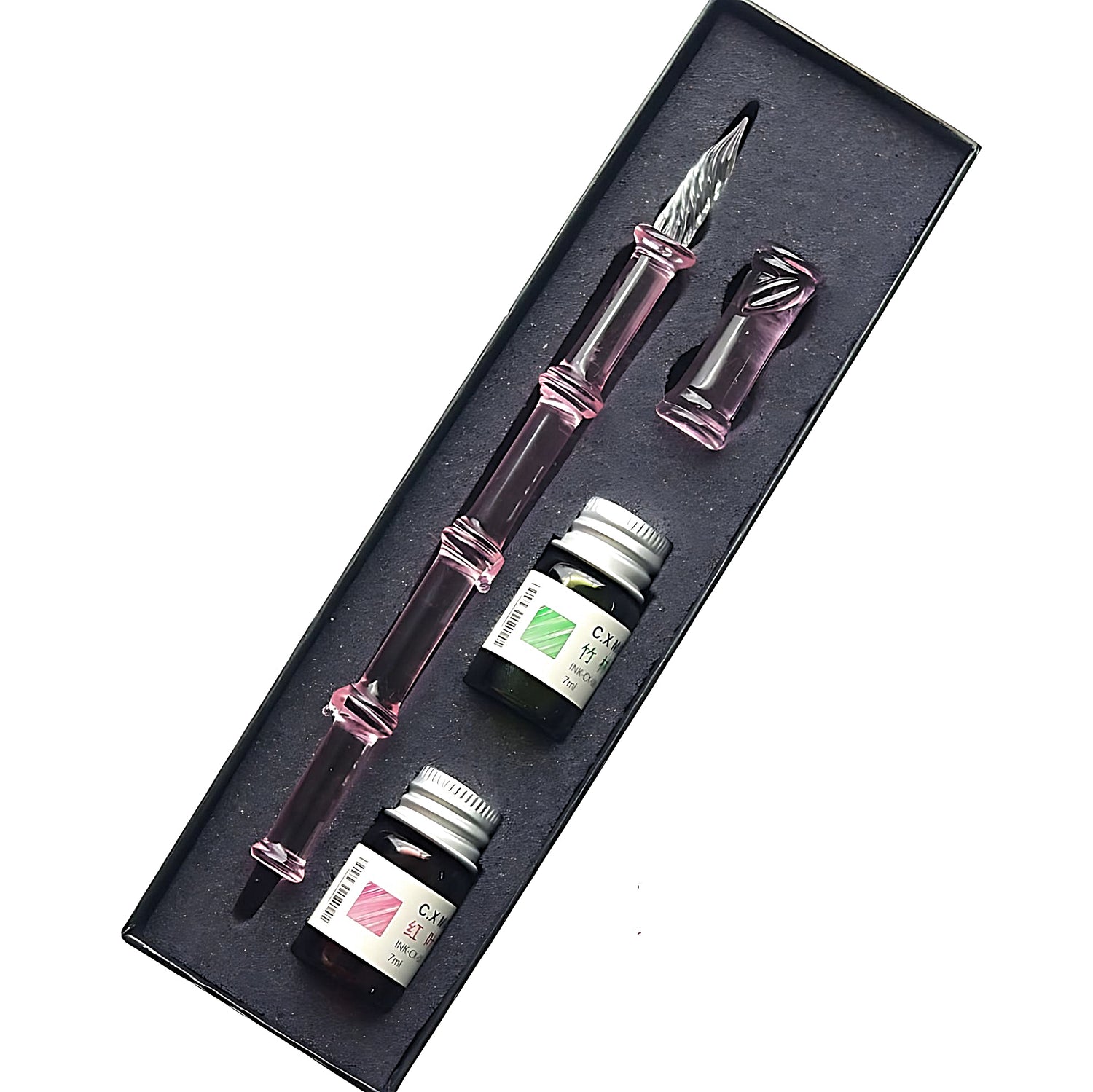 a glass dip pen pink set with two bottles of ink in a box