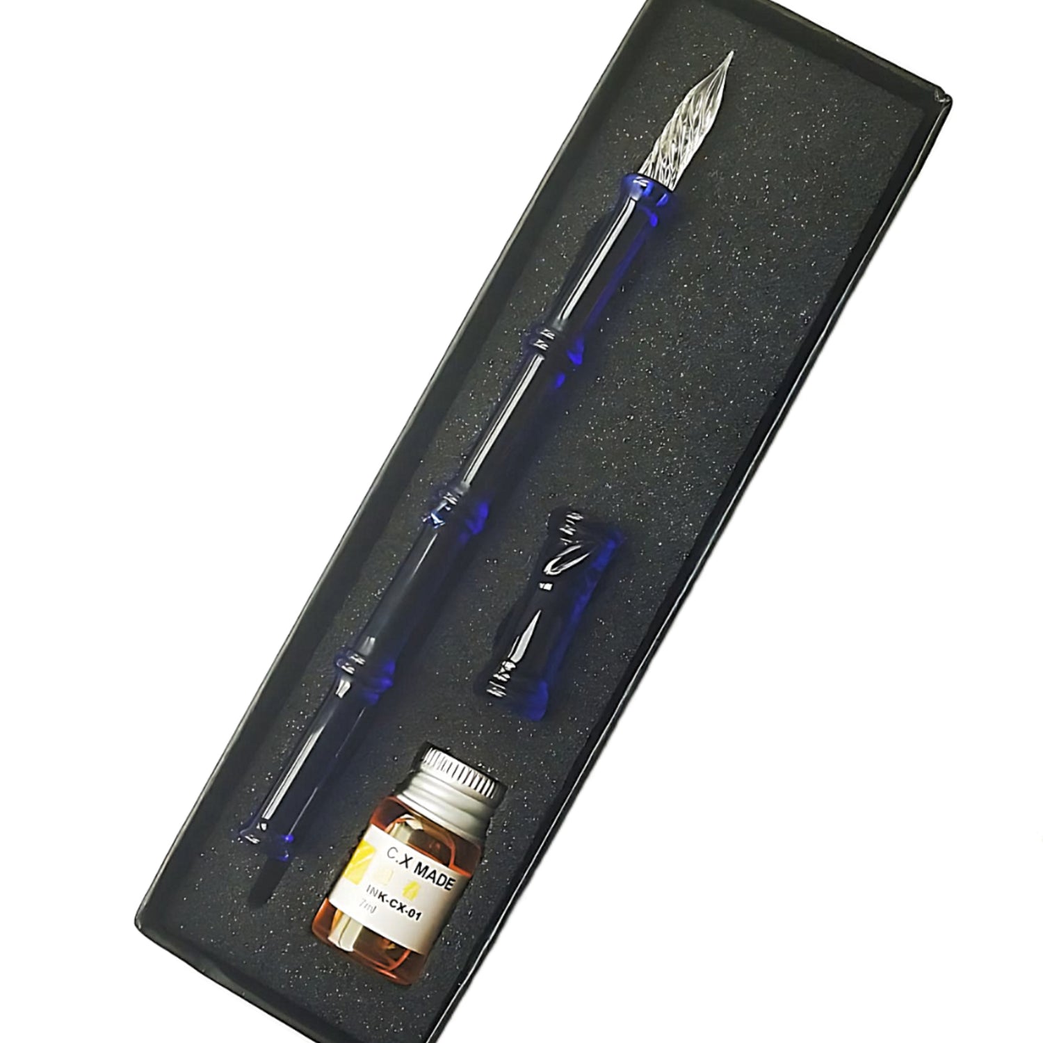 a glass dip pen blue set with one bottle of ink in a box