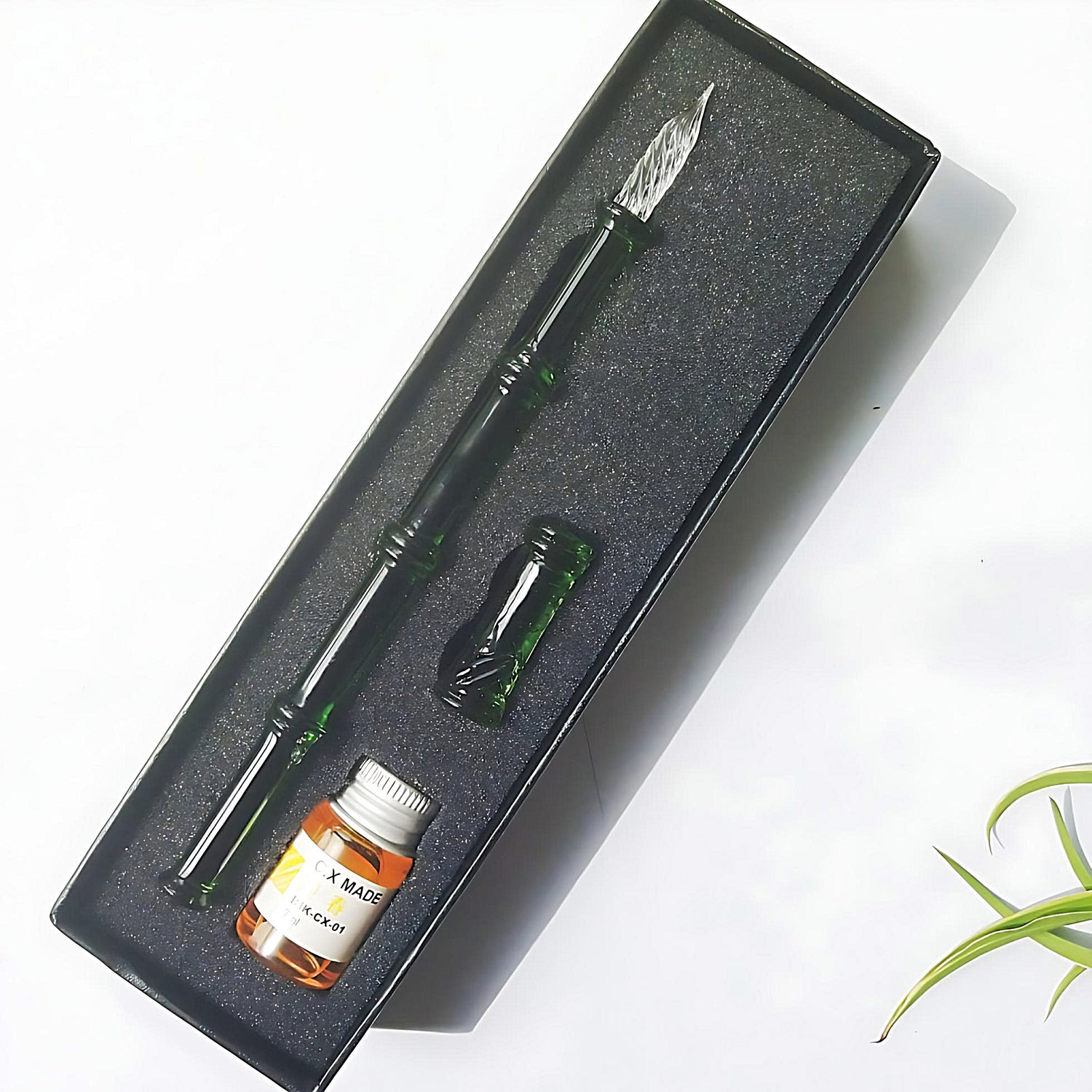a glass dip pen green set with one bottle of ink in a box