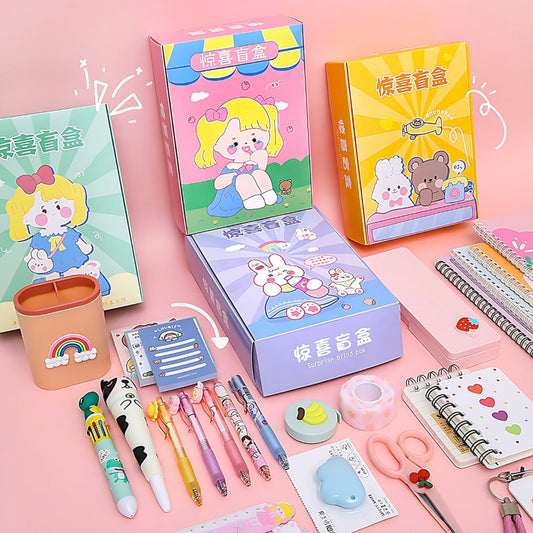 four different Kawaii stationery blind boxes with the content besides, such as pens, sticky notes, scissors, ruler and notebooks