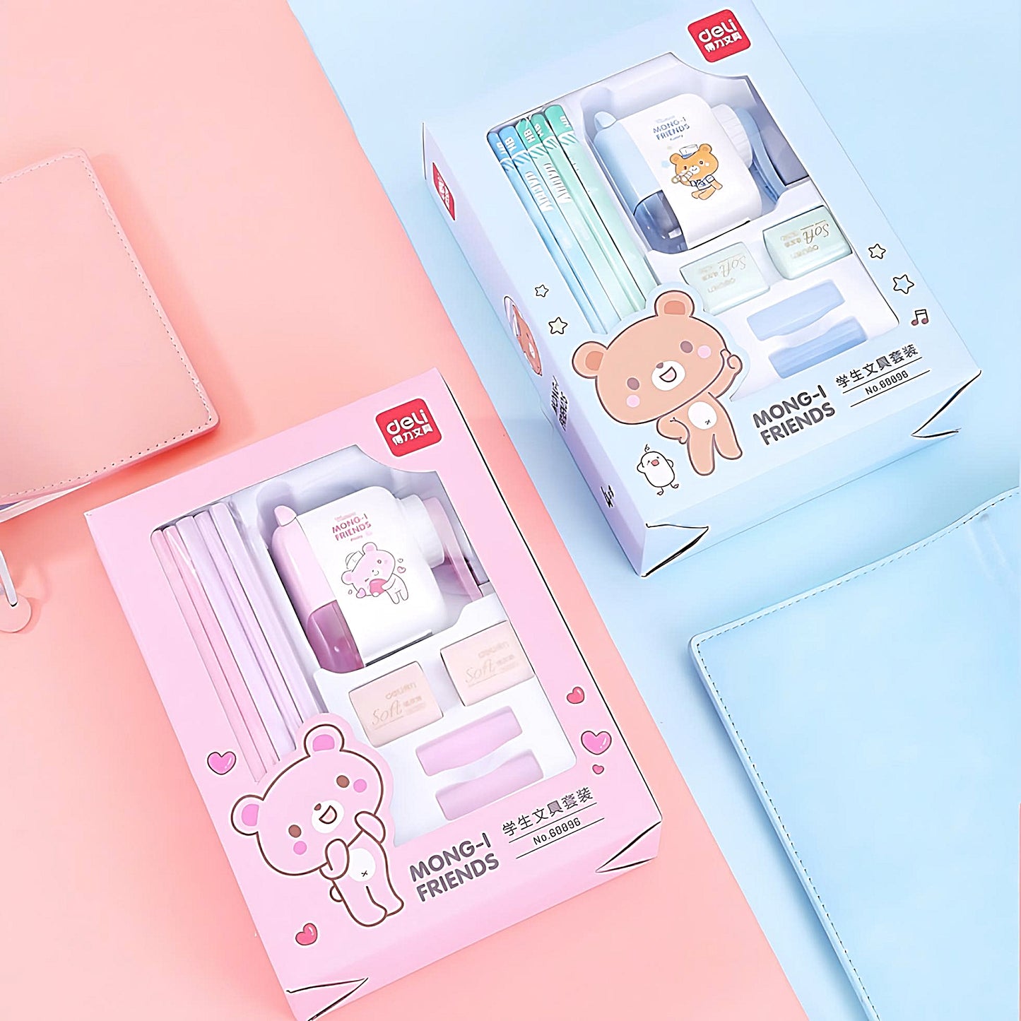 two Kawaii stationey sets in pink and blue colors