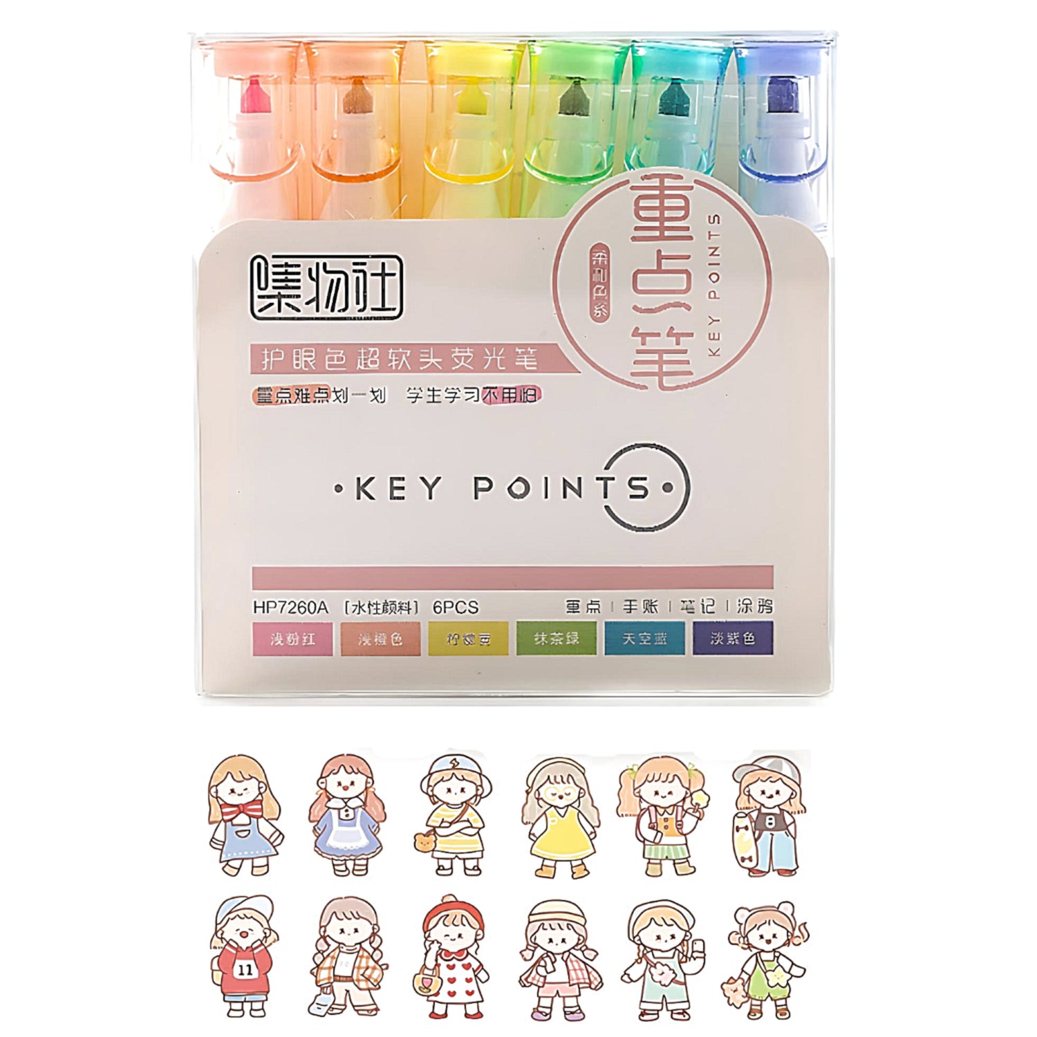 a Key Points Highlighter Set with Kawaii stickers on a white background