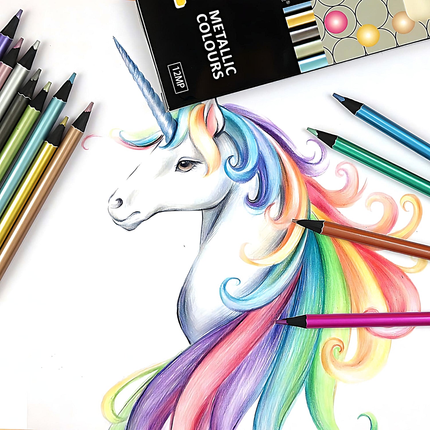 a drawing of a unicorn made with a metallic colored pencil set, white background