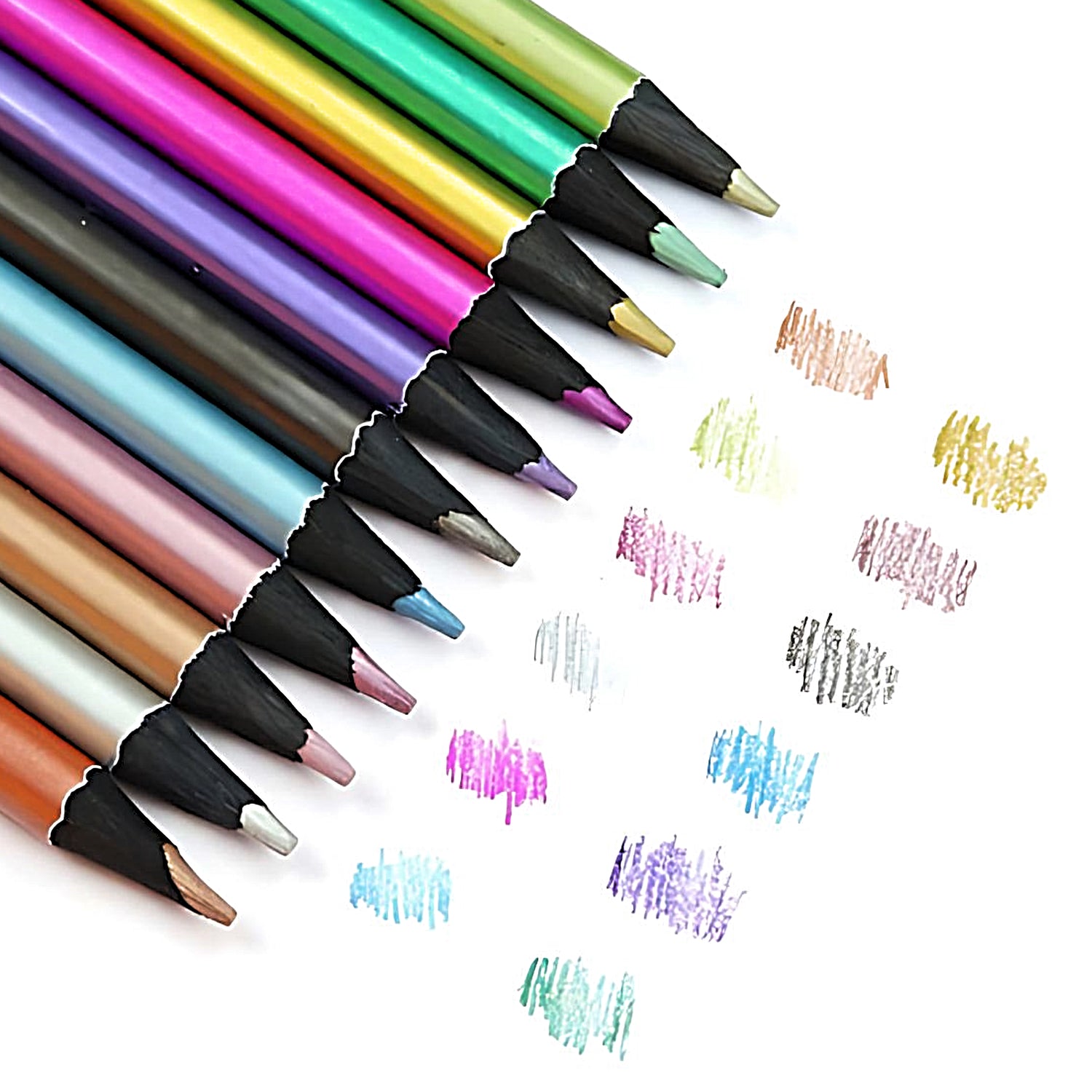 a close-up of metallic colored pencils with swatches