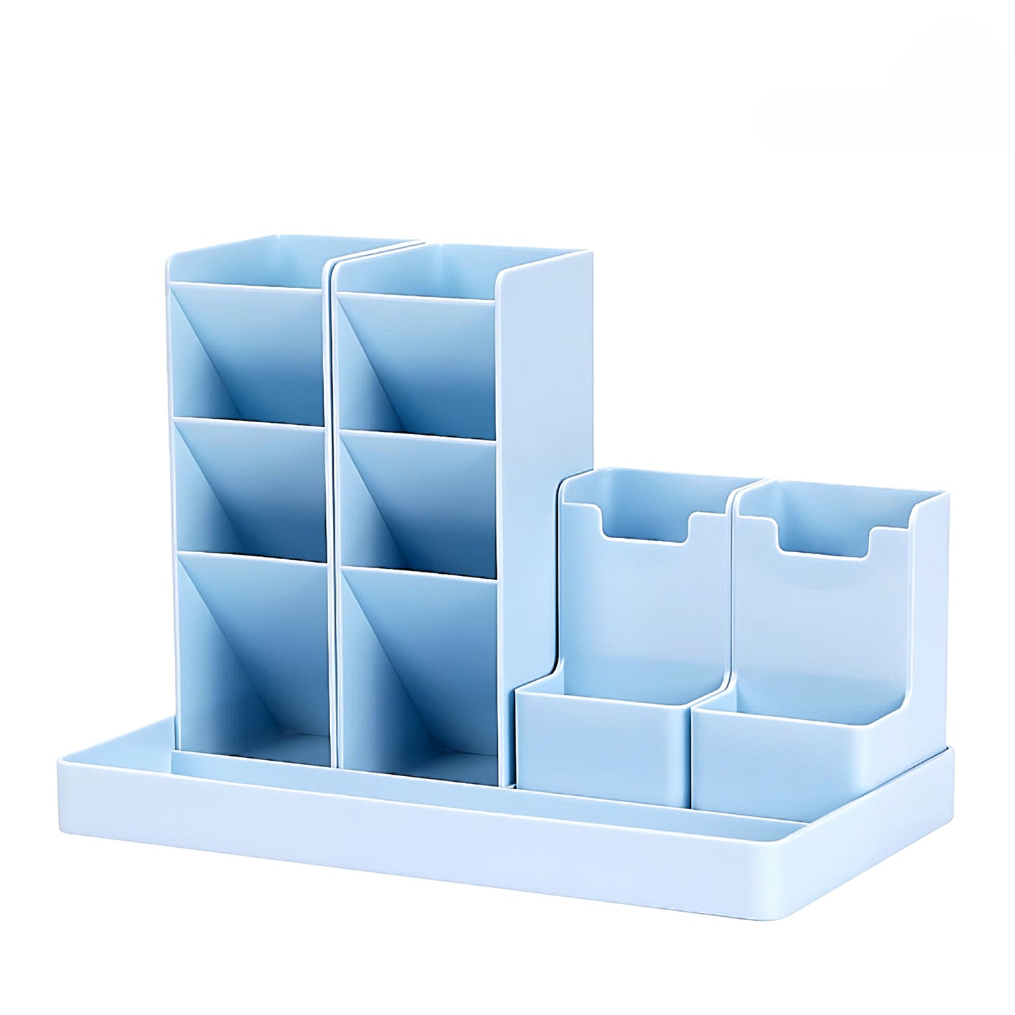 a blue modular desktop organizer on a white background
