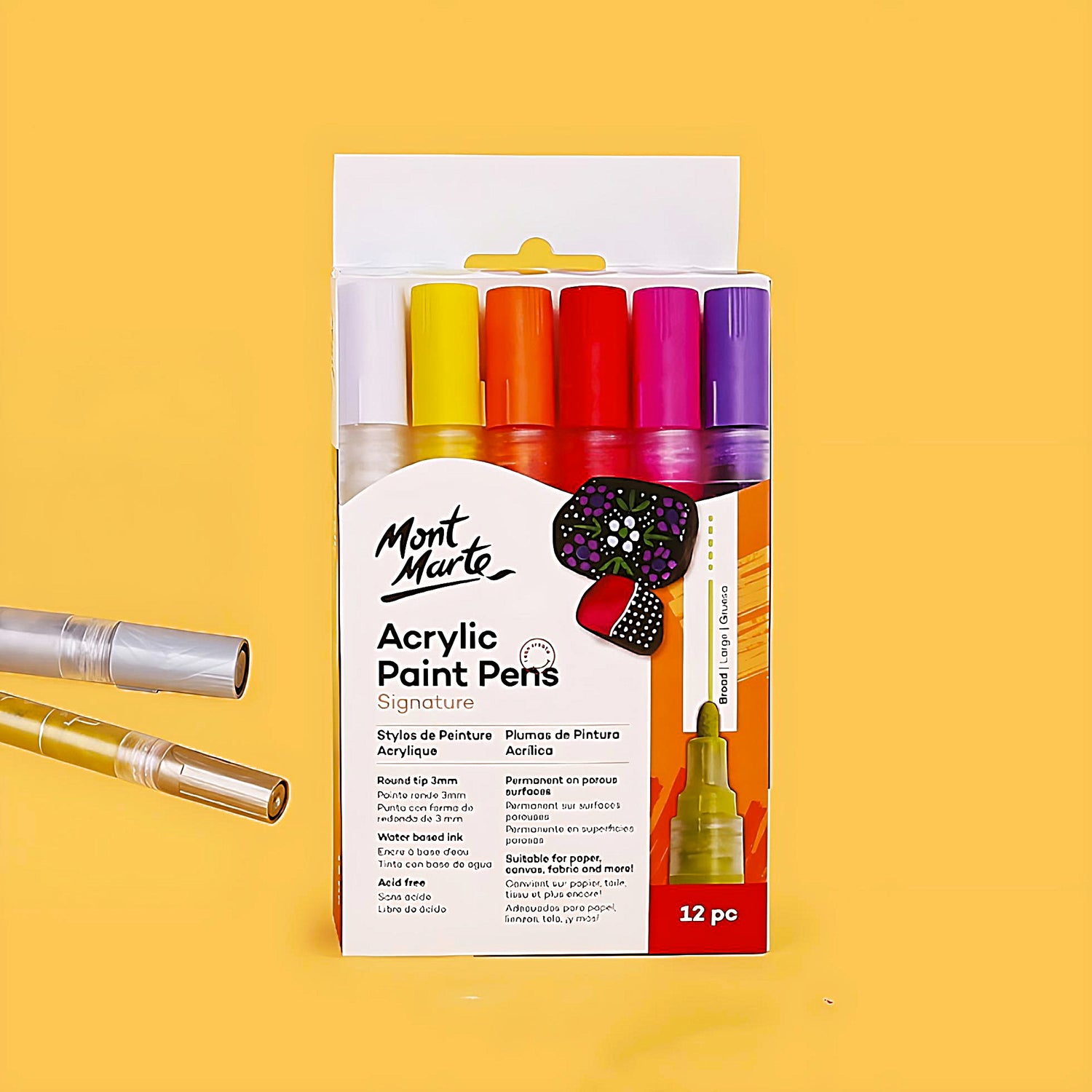 Mont Marte acrylic markers in a box, yellow background