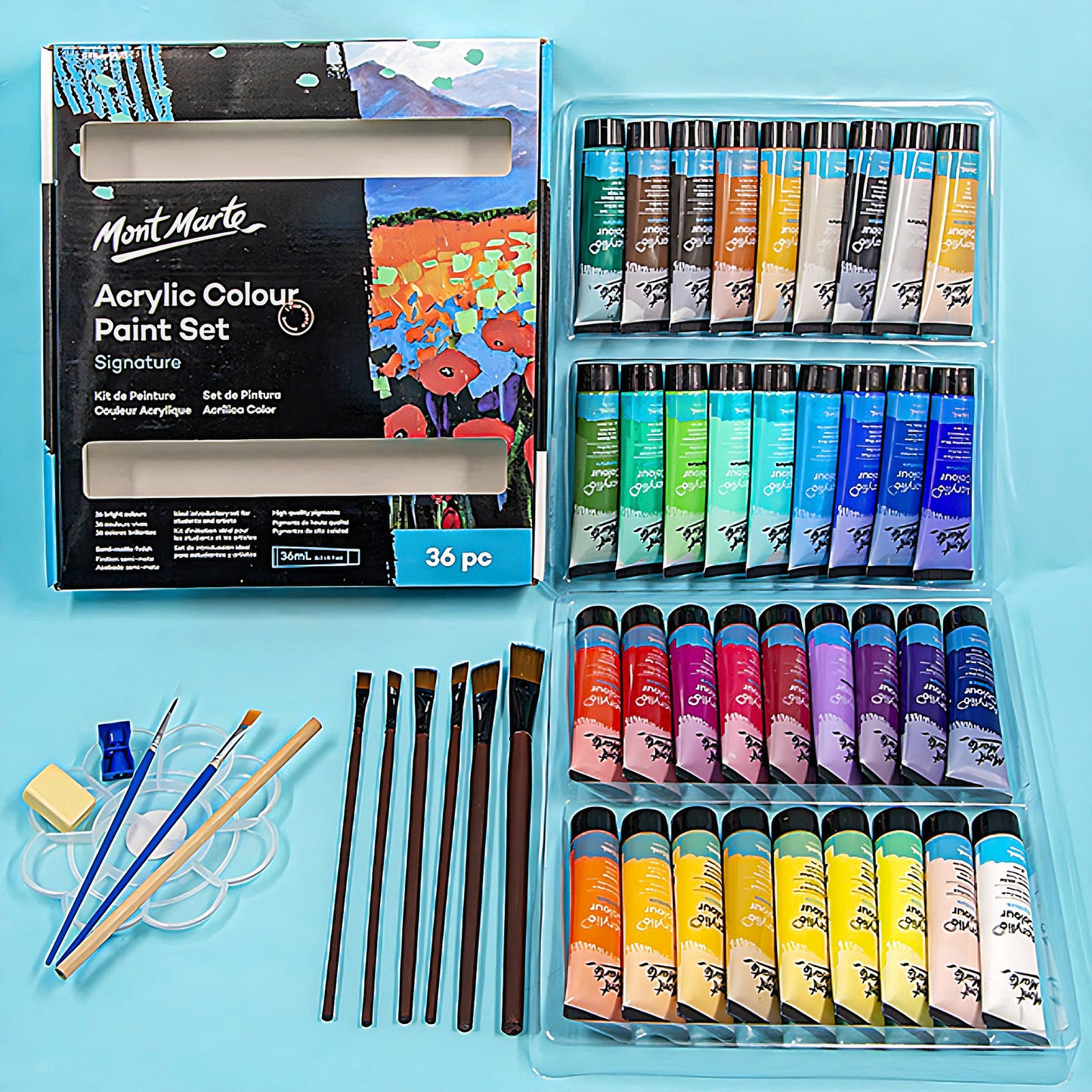 a Mont Marte acrylic paint 36 colors set with 8 paintbrushes, 1 pencil sharpener, 1pencil, 1 eraser, and 1 palette