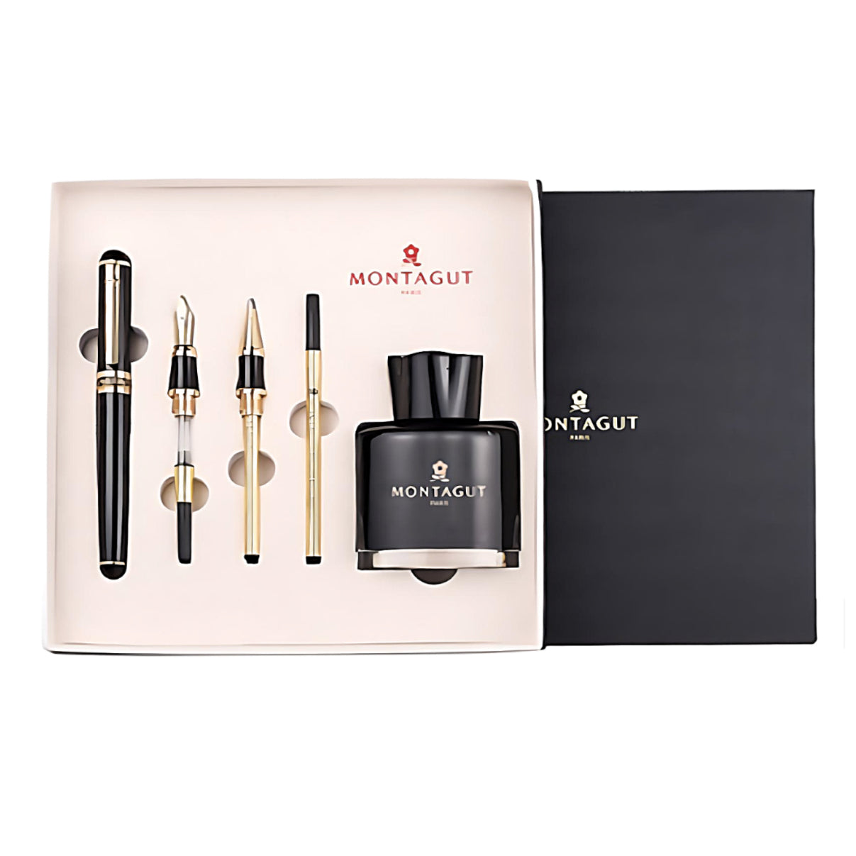 a Montagut Fountain Pen set in gold and black