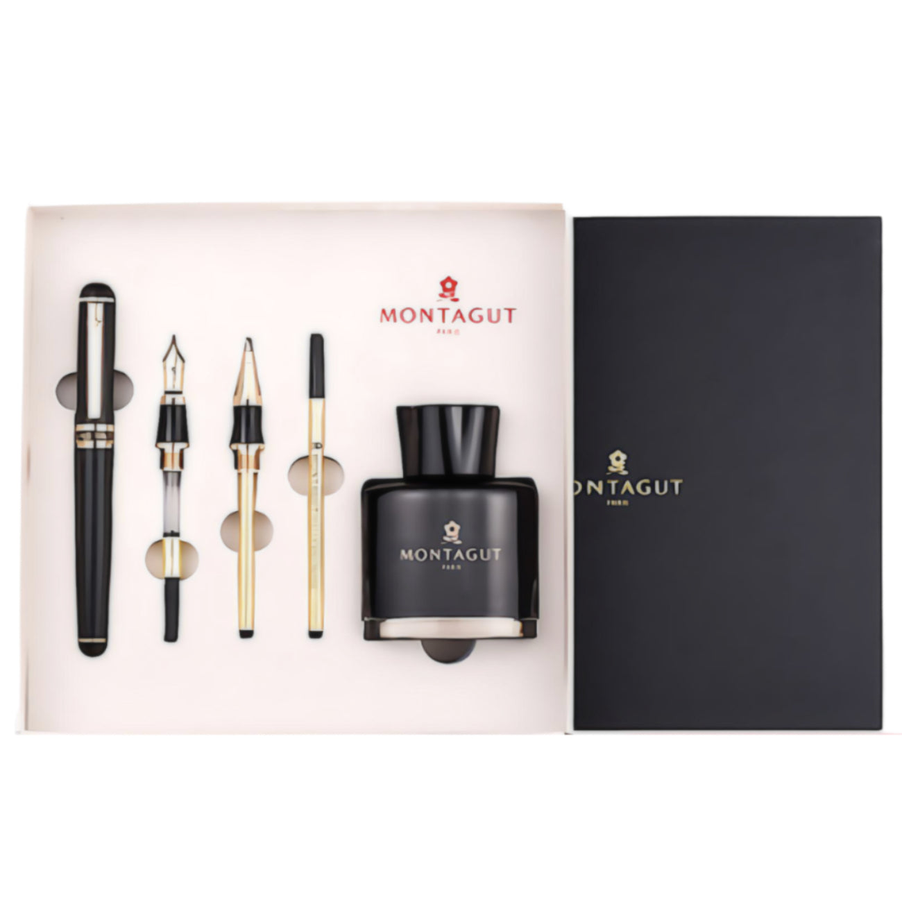 a Montagut Fountain Pen set in gold and matte black
