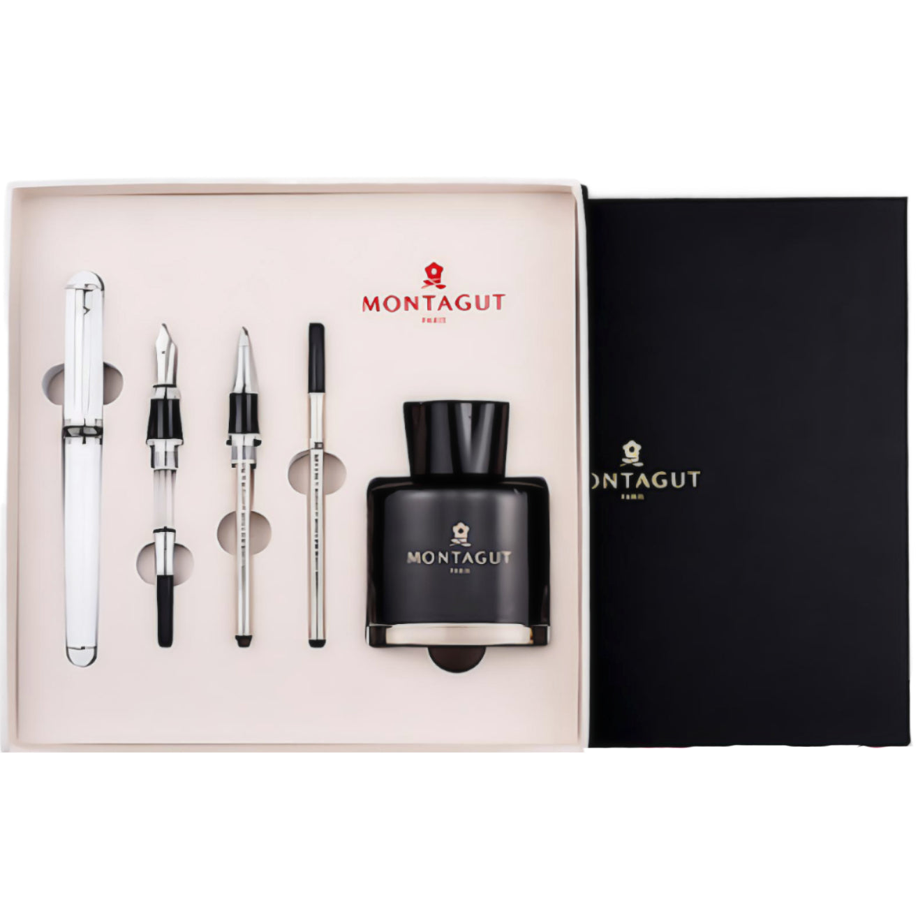 a Montagut Fountain Pen set in silver and white