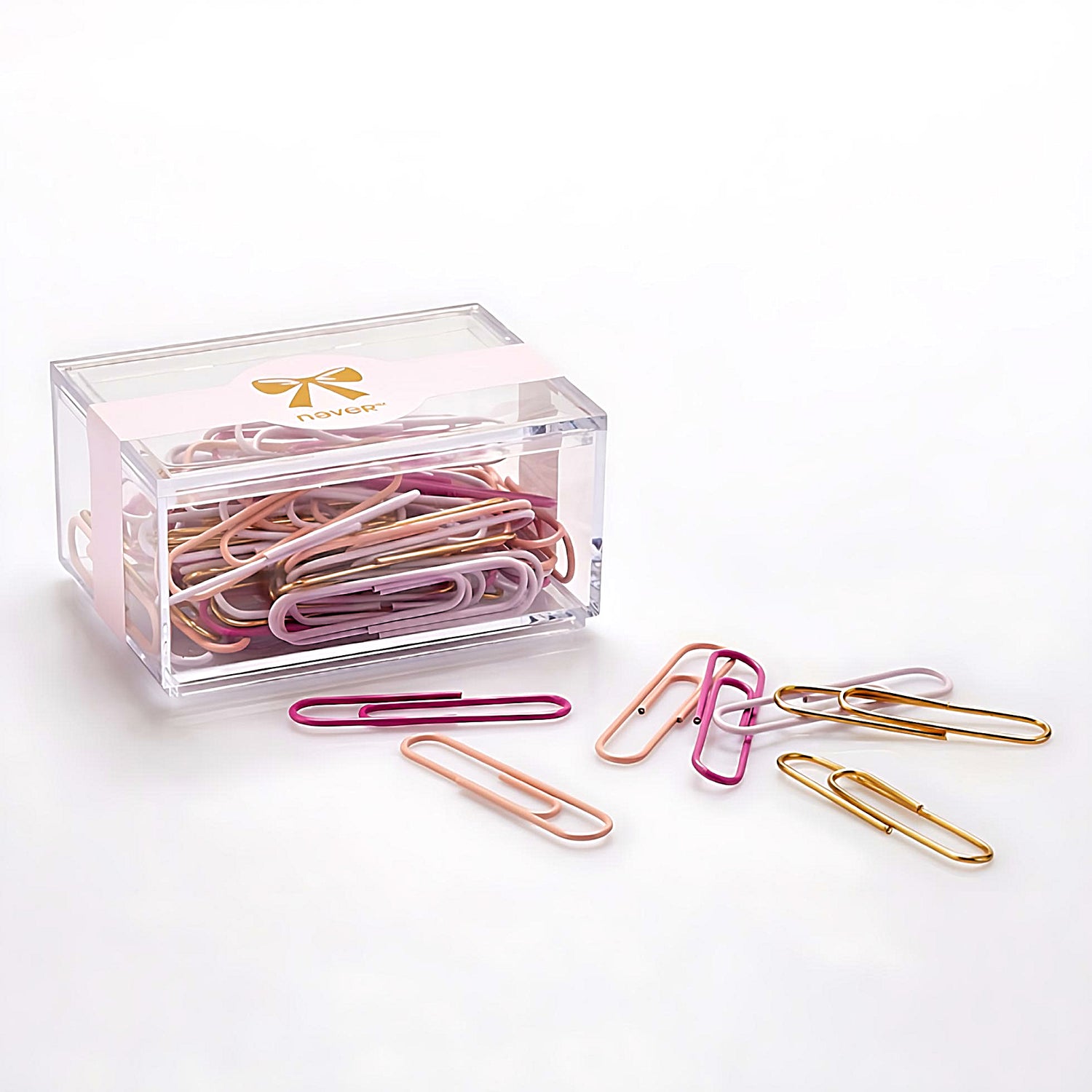 a box full of pink, orange, purple, and gold paper clips