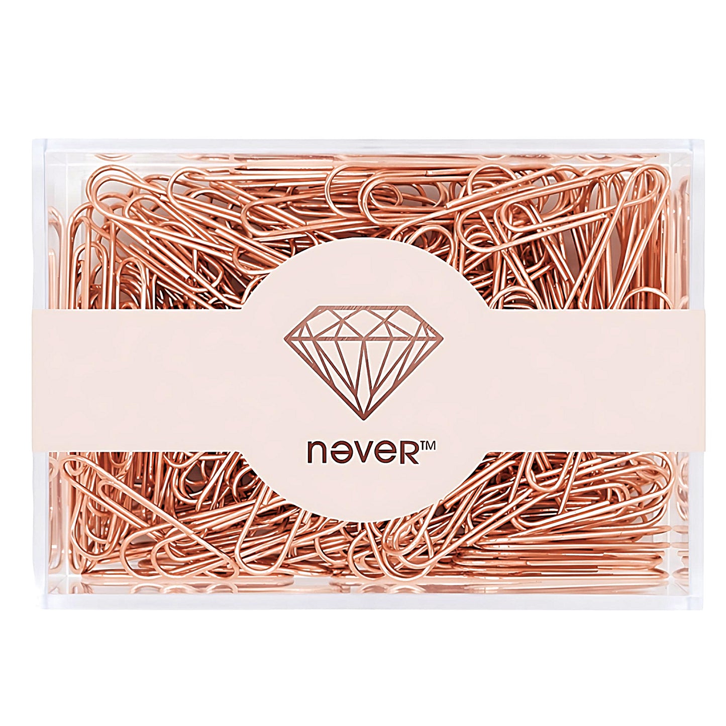 a box full of rose gold paper clips