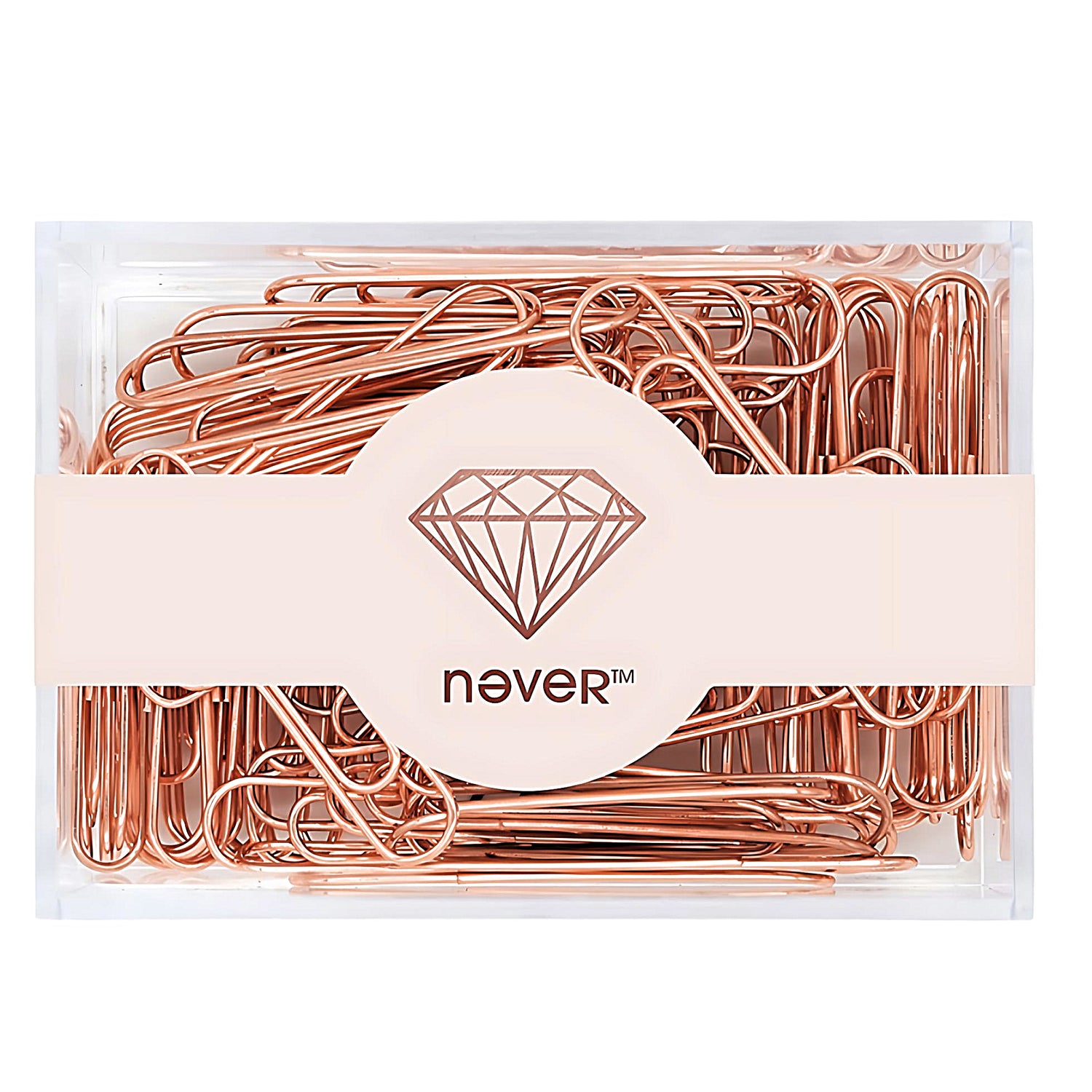 a box full of rose gold paper clips