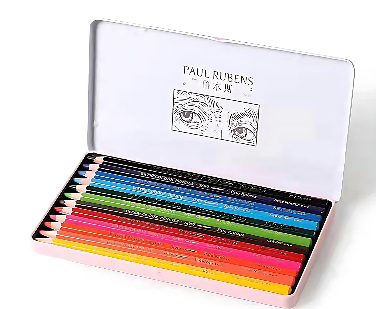 a set of 12 Paul Rubens watercolor pencils in a pink tin box