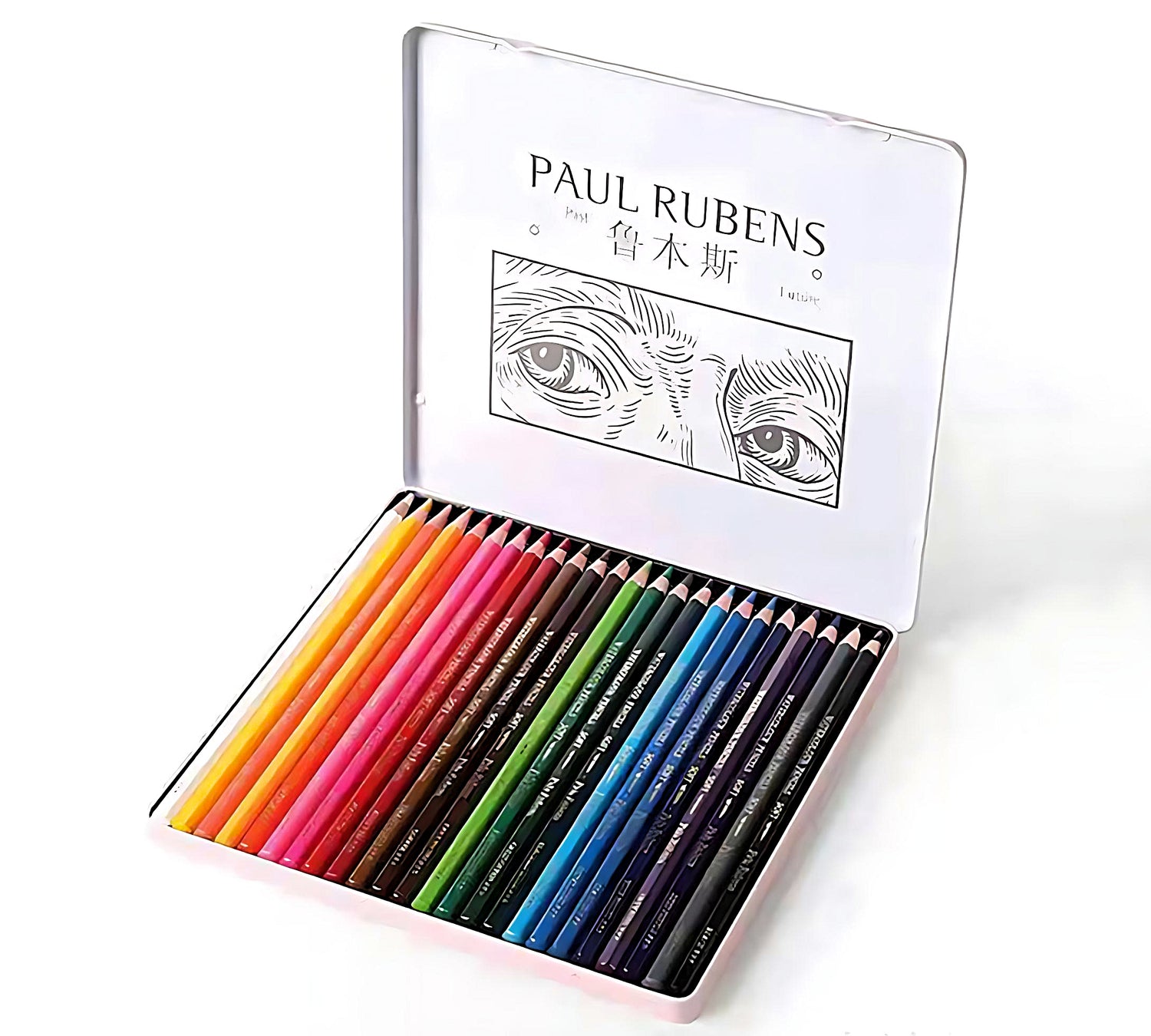 a set of 24 Paul Rubens watercolor pencils in a pink tin box