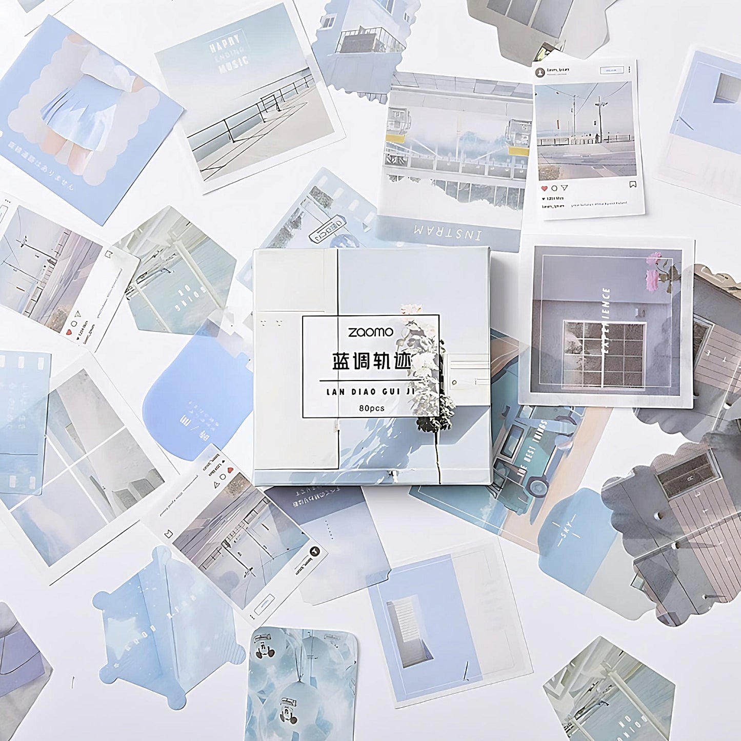 photo stickers in blue color on a white background