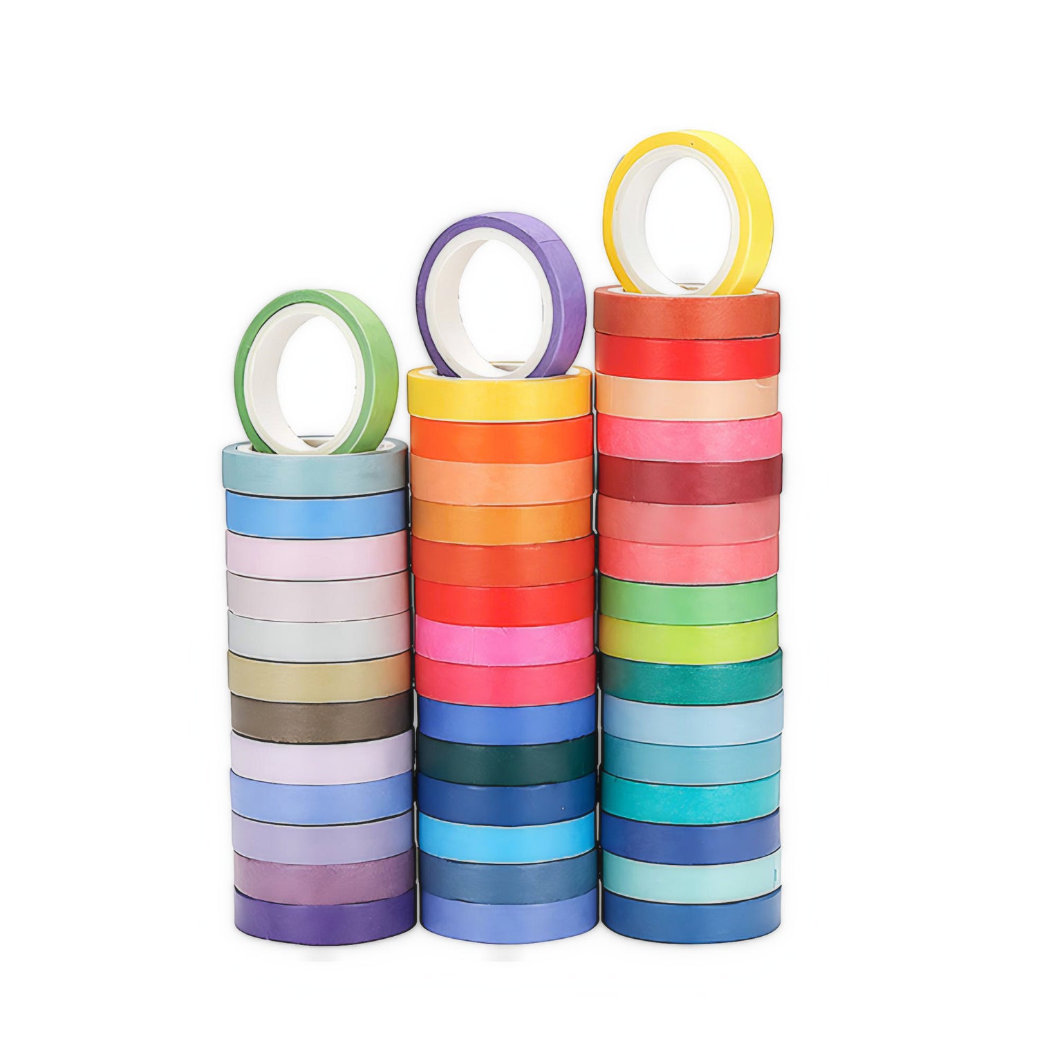 different colors of washi tapes aligned on a white background