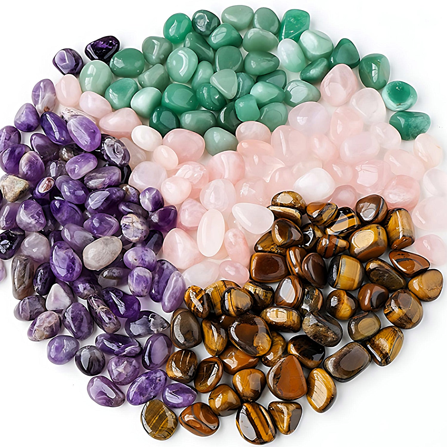 an assortment of semi-precious tumbled stones: green aventurine, pink quartz, tiger eye, and amethyst