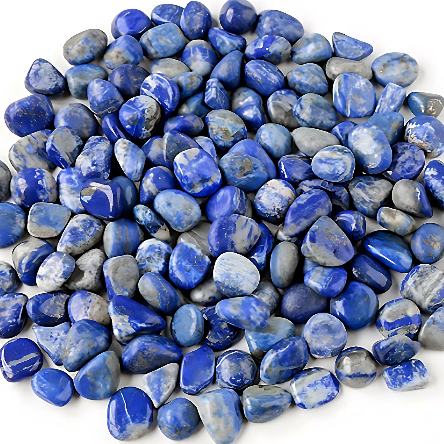 semi-precious tumbled stones in a bamboo bowl: lapis lazuli