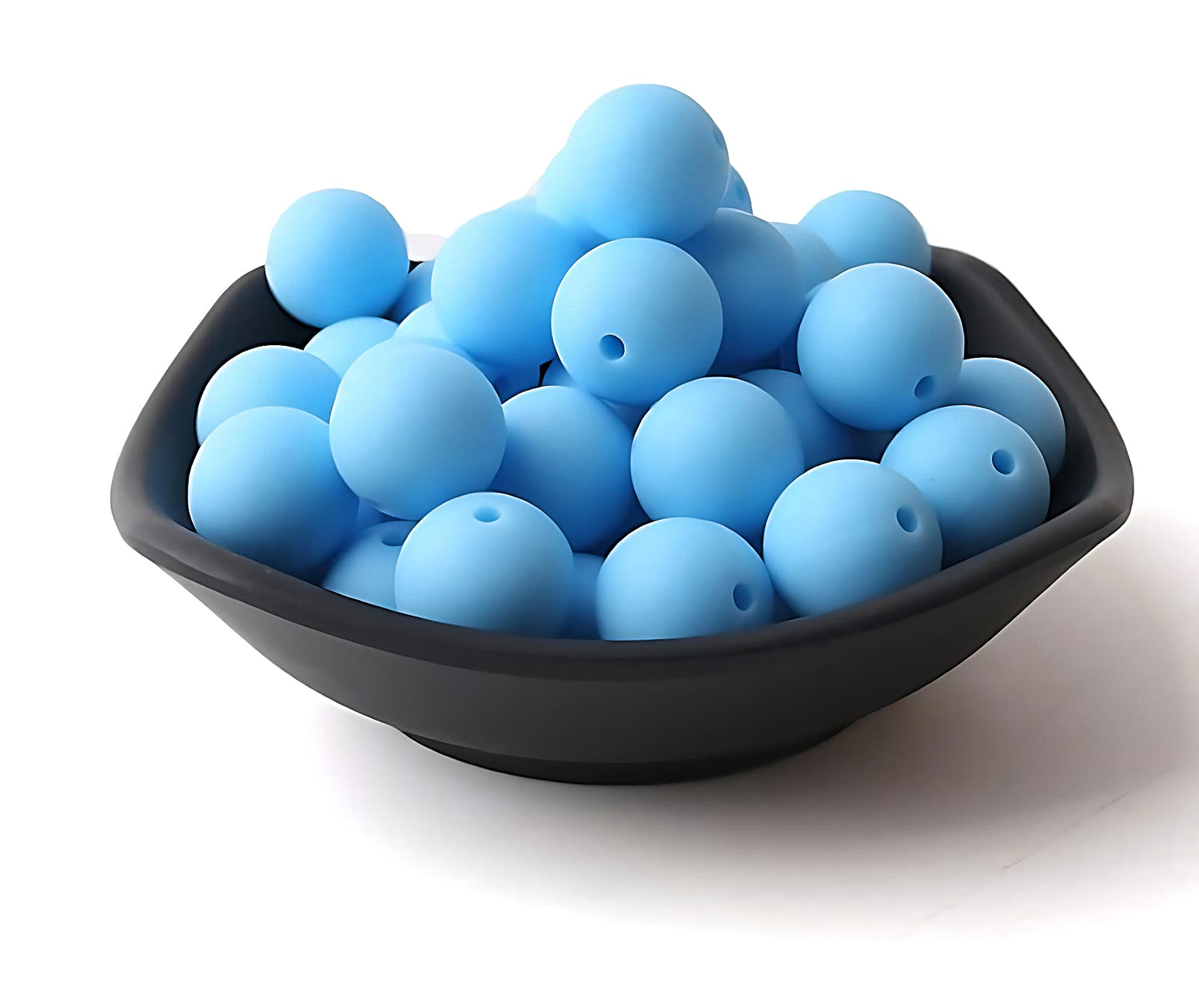 blue silicone beads in a black bowl