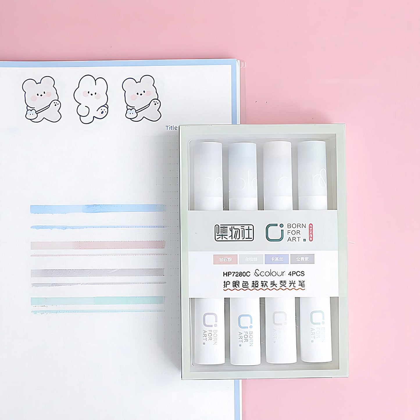 a square-shaped highlighter set in Milkshake style, pink background