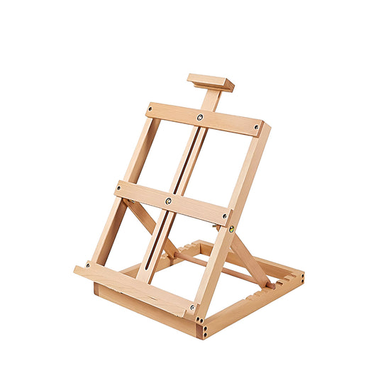 a wooden tabletop easel on a white background