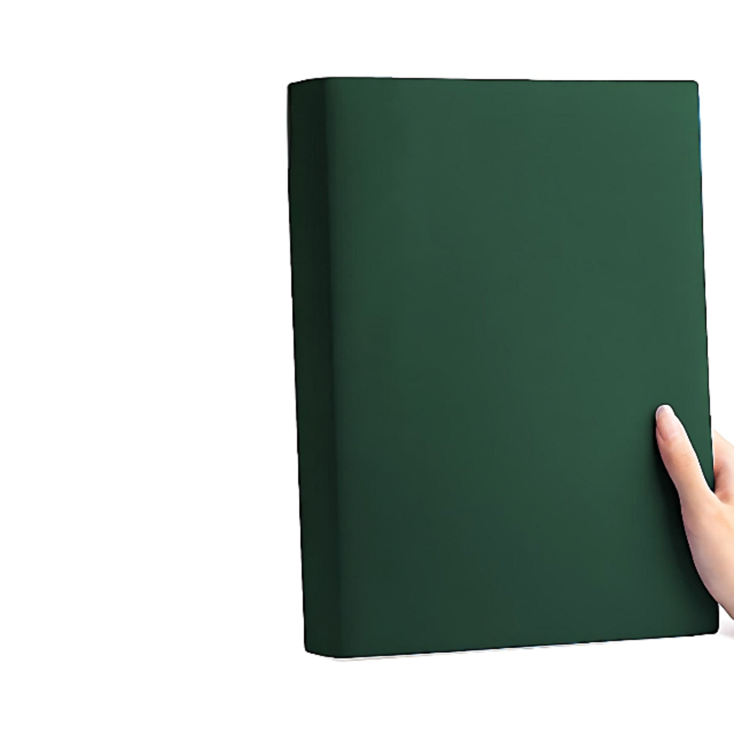 a thick notebook of forest green color